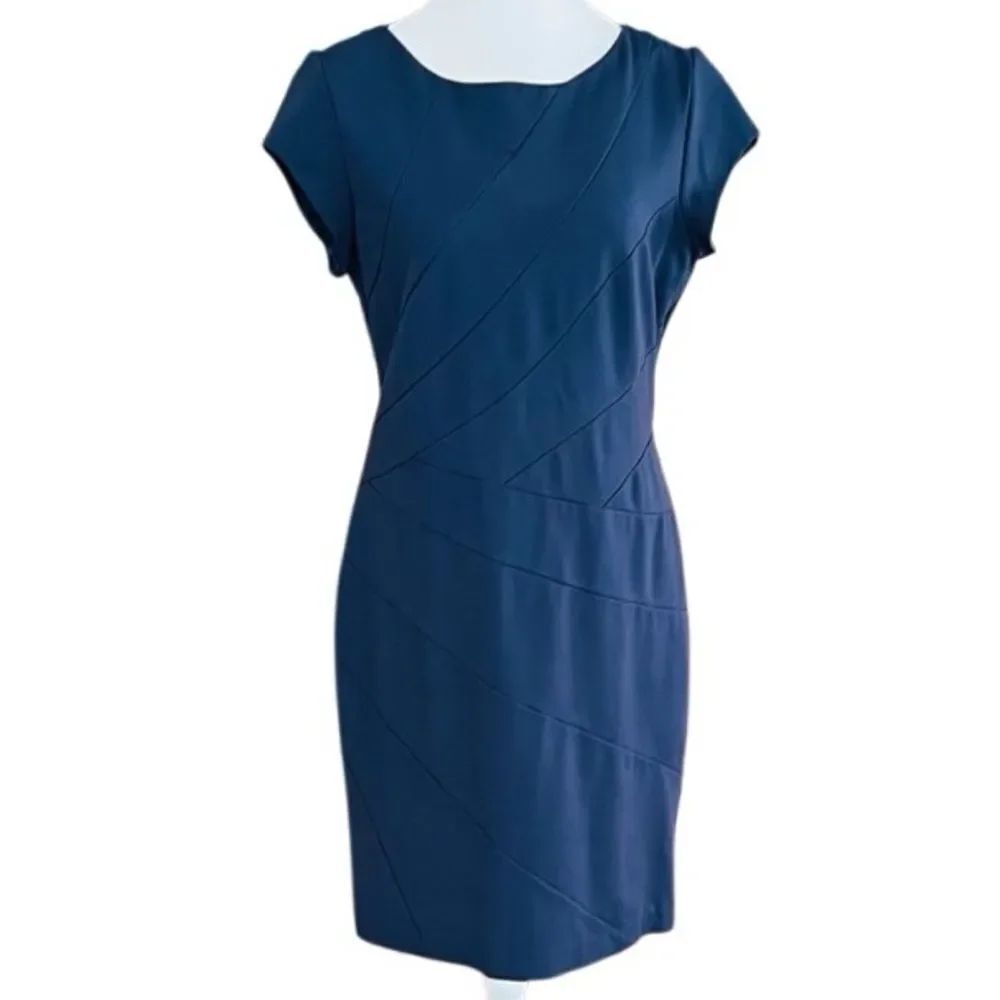 Dalia Navy Blue Ponte Sheath Dress, asymmetrical seaming long back zipper sz 10